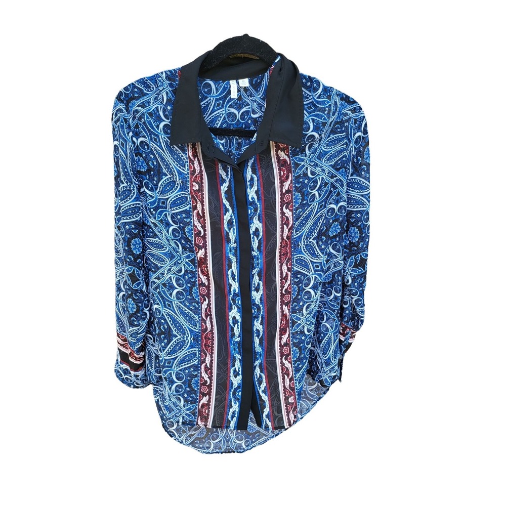 Cato Blouse Medium Womens Long Sleeve Button Front Blue Red Sheer Paisley Casual